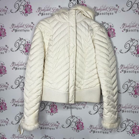 Bebe corset coat jacket snow bunny fur rabbit White Quilted Jacket Fur Trim hood - Picture 2 of 16